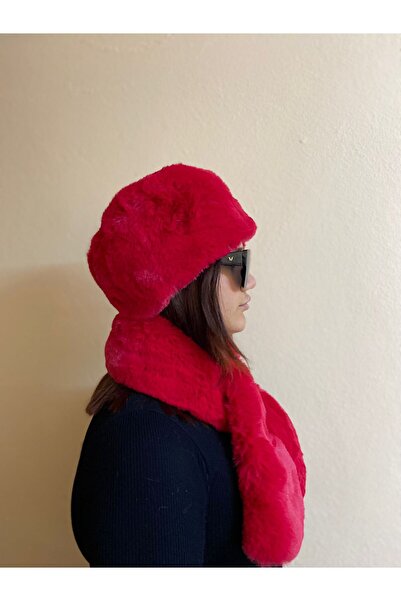 sema aksesuar Valentine's Day Gift Furry Plush Heart Hat and Scarf Set - Winter Faux Fur