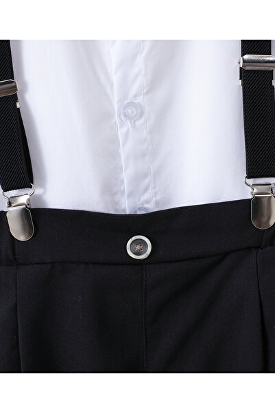 Kookie Kids Solid Shirt & Short Bottom Set With Suspenders & Bow Tie - White & Black