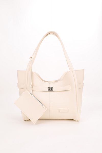 NOTHING Women's Hand and Shoulder Bag with Snap Fastener Cream Wallet and Makeup Bag L:25 W:38 W:15 cm