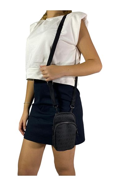 Gloria Black Two-Eye Strap Phone Bag: Width 9 Cm, Length 18 Cm, Width 6 Cm.