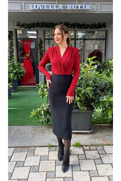 Lovella Kırmızı Vatkalı Simli Bodysuit