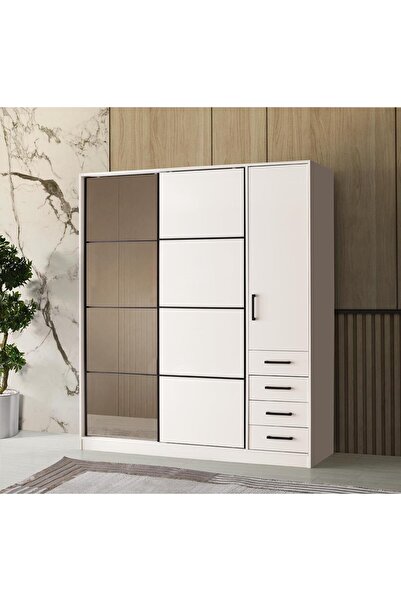 Erezogulları Mobilya Damla BEYAZ Modern Sürgülü Aynalı Elbise Dolabı Gardrop 180x60x210cm