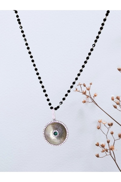 d Kit Boutique Lame Green Stone Locket Black Beads Necklace 60cm