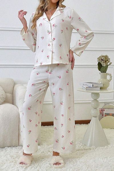 BELLA NOTTE Women's Ecru Floral Printed Winter Long Pajamas Set