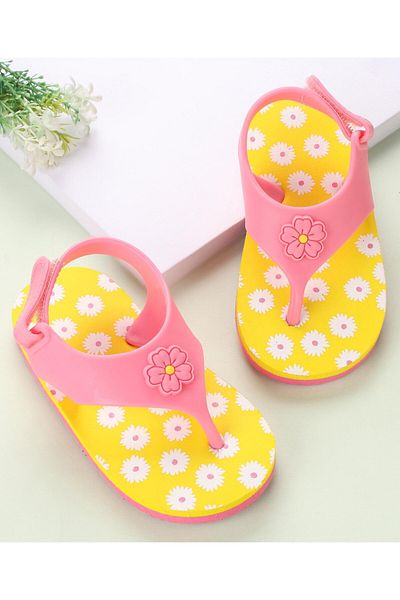 Babyoye Flop Flops with Velcro Closure Floral Print - Yellow & Pink