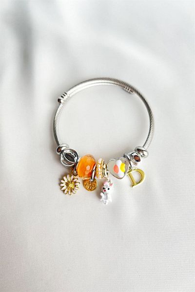 Sose Moda Orange Jewelled Steel Charm Bracelet with Cat Figure