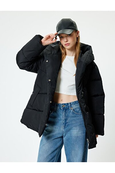 Koton Μακρύ πουπουλένιο παλτό με κουκούλα - με κουμπιά και λεπτομέρεια τσέπης