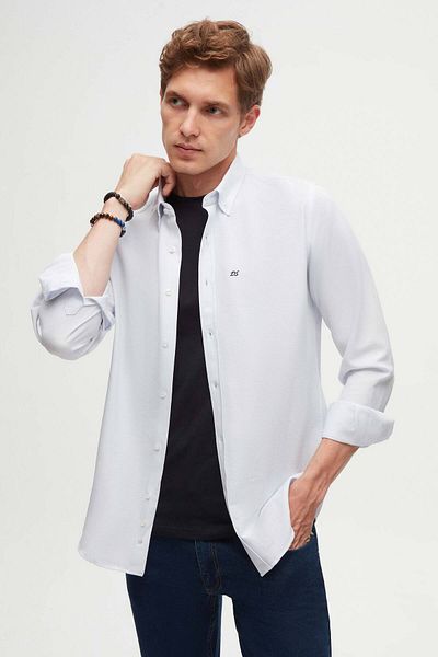 D'S Damat Slim Fit ανοιχτό μπλε Oxford γιακά με κουμπιά Εύκολο στο σιδέρωμα Βαμβακερό πουκάμισο με λεπτομέρεια κεντήματος