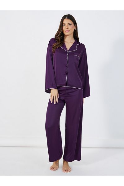 Styli Solid Piped Button Through Shirt & Pyjama Set
