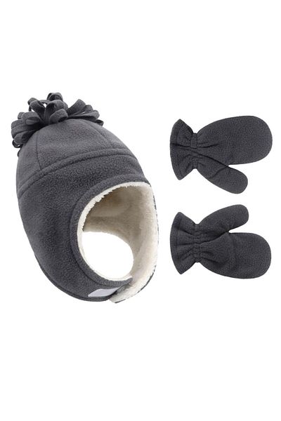 Petityu Dark Grey Fleece Soft Warm Children's Beanie Gloves Set