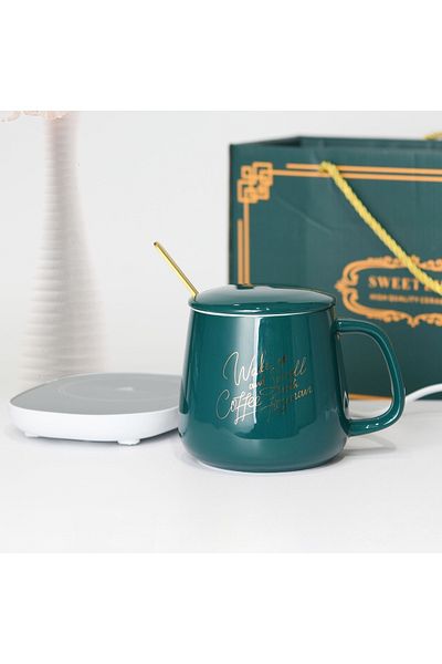 Fissman Coffee Mug 350mL With Warmer Gift Set, Cup With Heater And Spoon (Green)