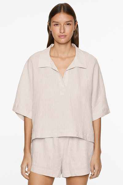 Oysho Oversize short-sleeved 100% linen shirt