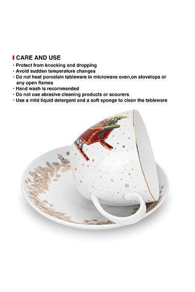 Fissman Christmas-Themed Tea Cup and Saucer Set of 2 400mL, Ceramic New Bone China Teacup and Saucer