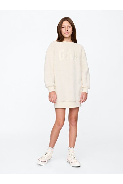 GAP Kız Çocuk Bej Gap Logo Sherpa Sweatshirt Elbise