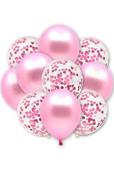 Ezgi Party Store 20 Pieces 30 cm Transparent Metallic Balloon Set with Sequins and Pink Confet - Gözüken Party
