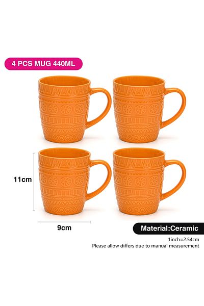 Fissman Coffee Mug Set of 4 440mL , Ceramic Cup Motif Series, Moroccan Pattern Coffee Mugs (Orange)