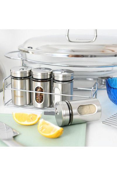 Fissman 4-piece Spice Jar With Stand Holder, Stainless Steel Spice Jar Shelf, 3-types Pouring Option Lid
