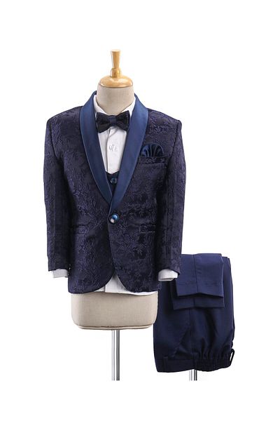 Babyhug Full Sleeves Brocade Party Suit With Blazer Floral Embroidery- Navy Blue