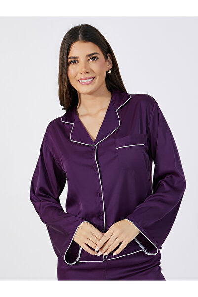 Styli Solid Piped Button Through Shirt & Pyjama Set