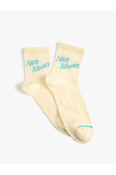 Koton Socket Socks Slogan Embroidered