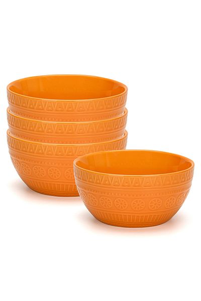 Fissman Ceramic Bowl 800mL Pack of 4 , Motif Series Ceramic Bowl, Round Moroccan Pattern Bowl Orange