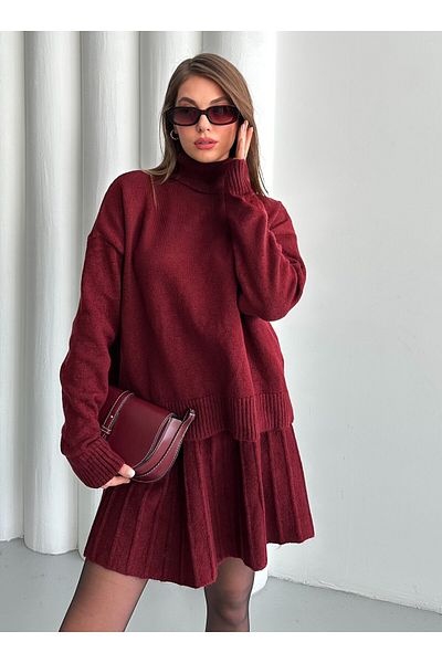 Laluvia Burgunderfarbenes Pullover-Set mit engem Faltenrock und Stehkragen – 7777