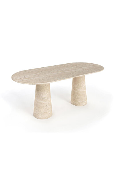 KATYY Nida Traverten Yemek Masası - Köşe Yuvarlak Kesim, Traverten Huni Ayak