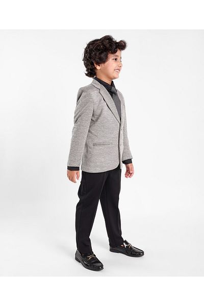 Babyhug Full Sleeves Four Way Stretch Fit Textured Party Suit With Blazer & Tie- Grey
