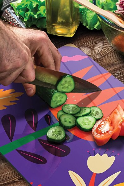 Decovetro Glass Cutting Board and Presentation Holder Purple Tulip Patterned 20X30 cm