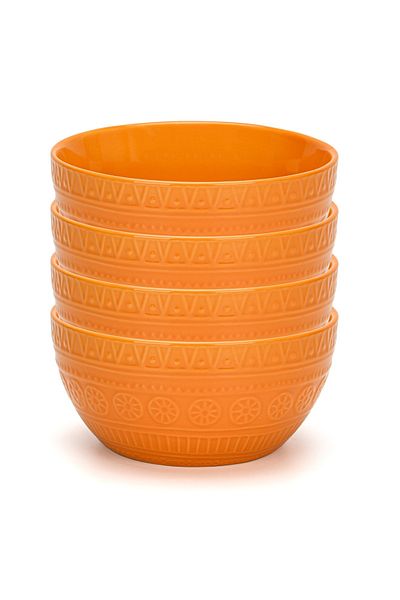 Fissman Ceramic Bowl 800mL Pack of 4 , Motif Series Ceramic Bowl, Round Moroccan Pattern Bowl Orange