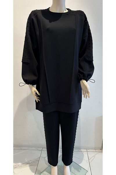 FUAT GÜRSEN Plus Size Bead Detailed Sleeve Ends Shrinkable Double Suit