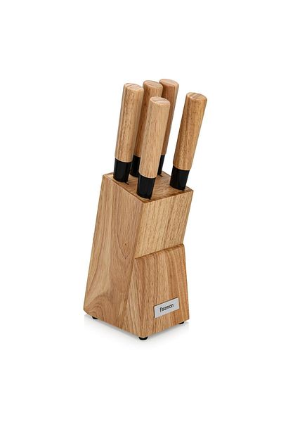 Fissman 6-Piece Stainless Steel Kitchen Knife Set w/ Wooden Block, Chef Knife, Bread Knife (Brown)