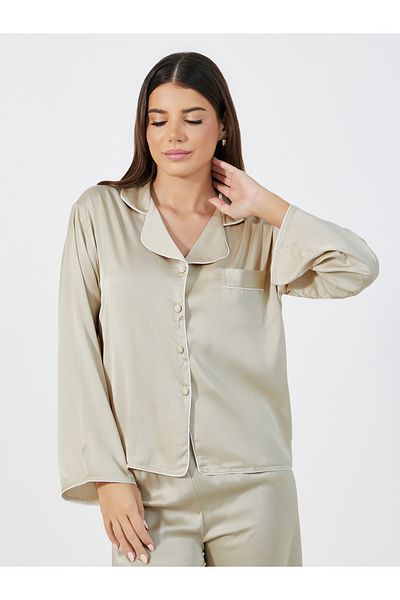 Styli Solid Piped Button Through Shirt & Pyjama Set