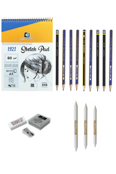 GLANCE Alex 0557 A4 Eskiz Defterli 9 Karakalem Çizim Seti Pastel Dağıtma, Kal...