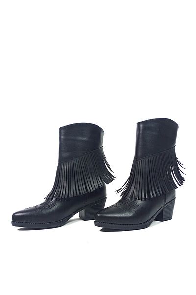GDT Ayakkabı Black Color Skin Leather Thick Heel Women's Cowboy Boots