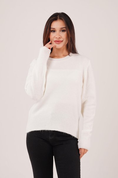 Hipo Trend White Knitwear Sweater - Crew Neck, Plain Model