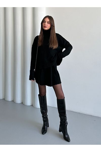 Laluvia Set pulover negru cu tiv strâns plisat - 7777