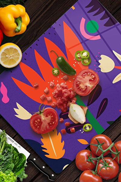 Decovetro Glass Cutting Board and Presentation Holder Purple Tulip Patterned 20X30 cm