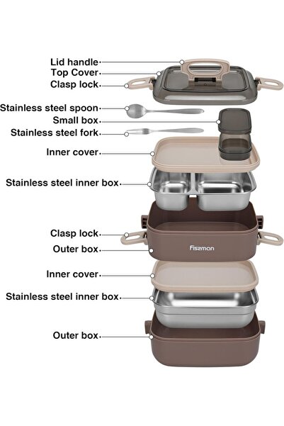 Fissman Double Deck Lunch Box 1800ml With Sauce Cup, Spoon And Fork Compartment