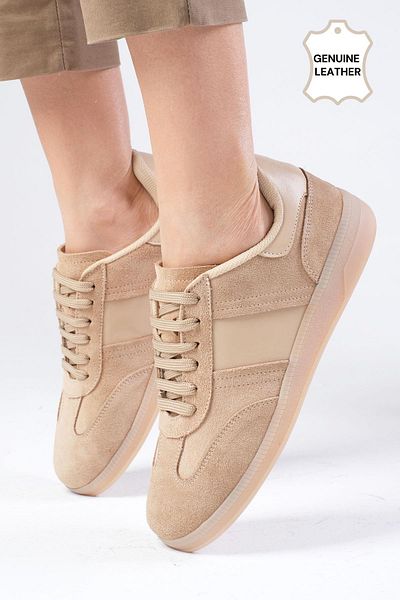 Mio Gusto Pantofi sport casual pentru femei Nicole, piele intoarsa autentica, culoare bej
