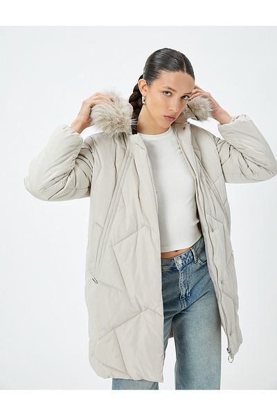 Koton Long Quilted Coat with Hood - Faux Fur Pocket