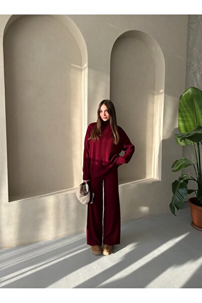 Laluvia Burgundy Ribbed Turtleneck Knitwear Set - 4671