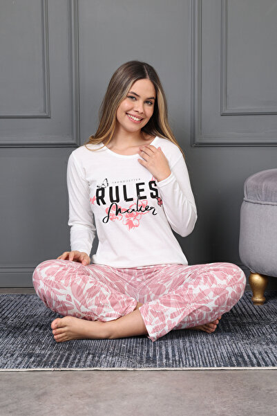 VG BOND MODA Rules Print Detailed Floral Print Long Sleeve Single Jersey Women's Pajamas Set Vg098