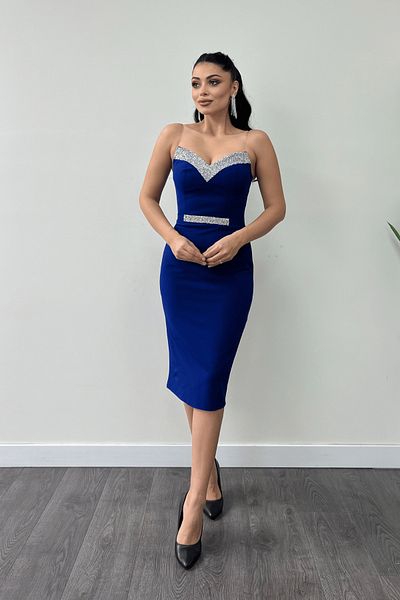 giyimmasalı Atlas Fabric Stone Detailed Pencil Dress with Processing Detailed - SAKS BLUE