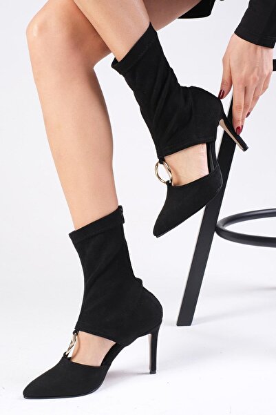 Mio Gusto Lilya Black Color Stretch Suede Women's Heeled Bootie Shoes