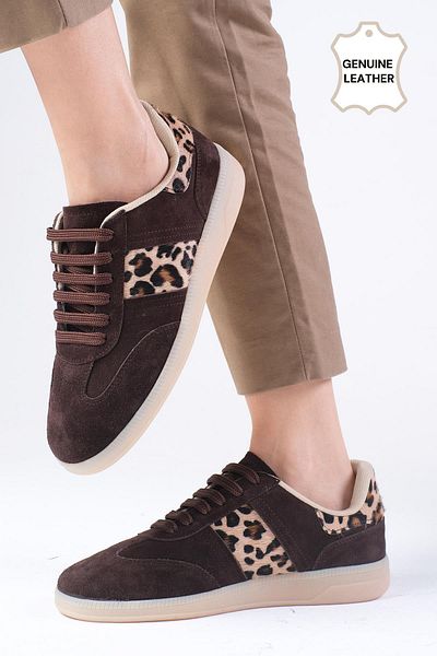 Mio Gusto Nicole Genuine Suede Leopard Garnished Brown Women's Casual Sneakers