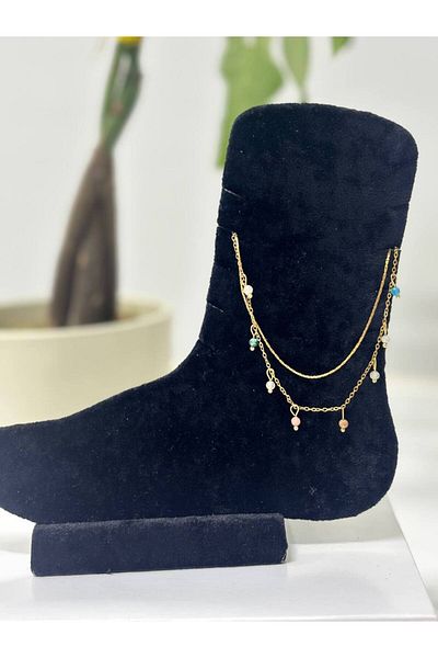 Bijutek Gold Double Chain Colorful Stone Stainless Steel Anklet