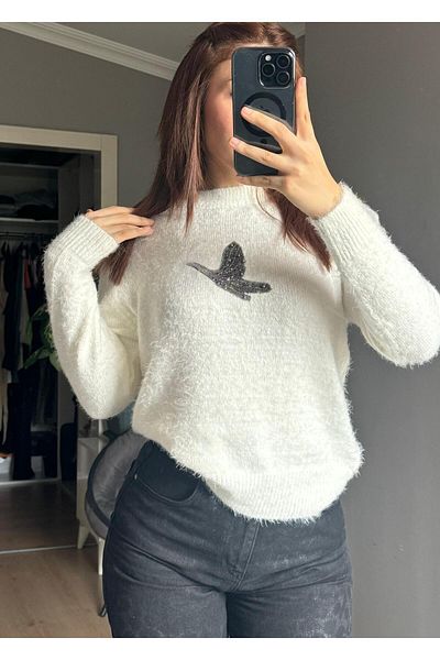 Lusenta Pulover cu piatră cu model de păsări -Alb