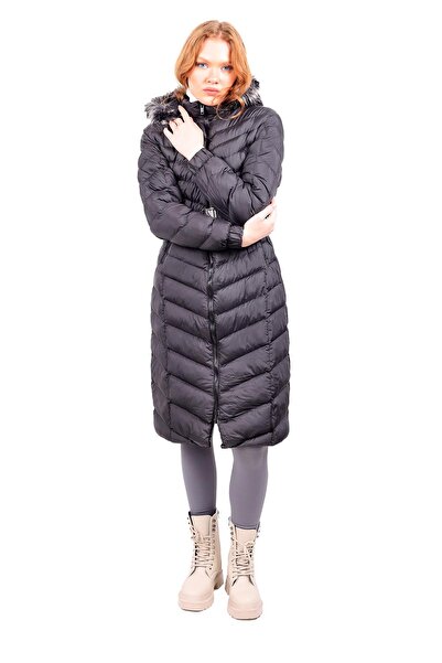 Rays 3409 Дълго пухено яке с качулка, черно