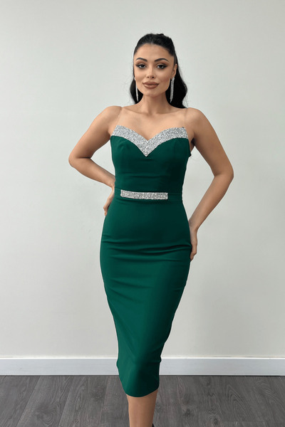 giyimmasalı Atlas Fabric Stone részletes ceruza ruha hímzett részletekkel - EMERAL GREEN